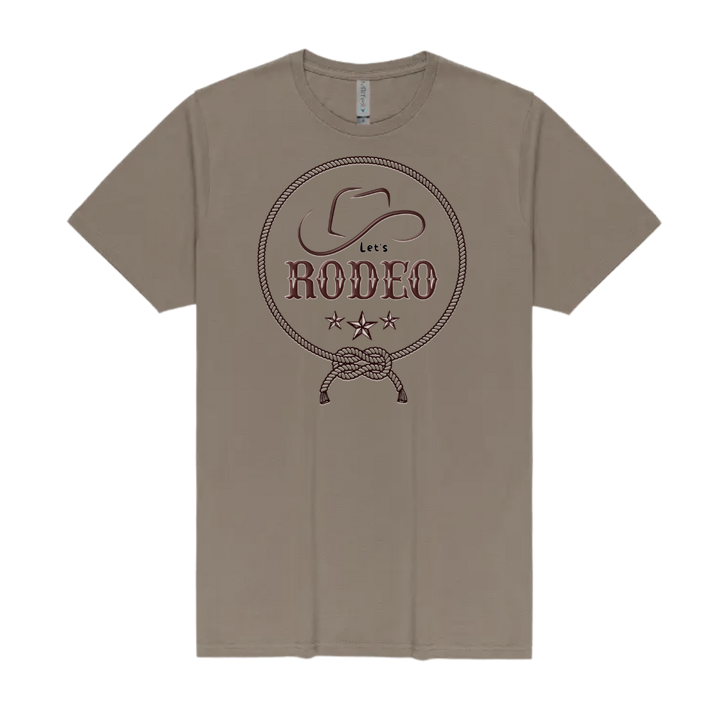 A taupe brown short-sleeve crewneck t-shirt featuring a dark brown graphic on the chest with a cowboy hat, rope border, and the text 'Let's RODEO' with three stars.