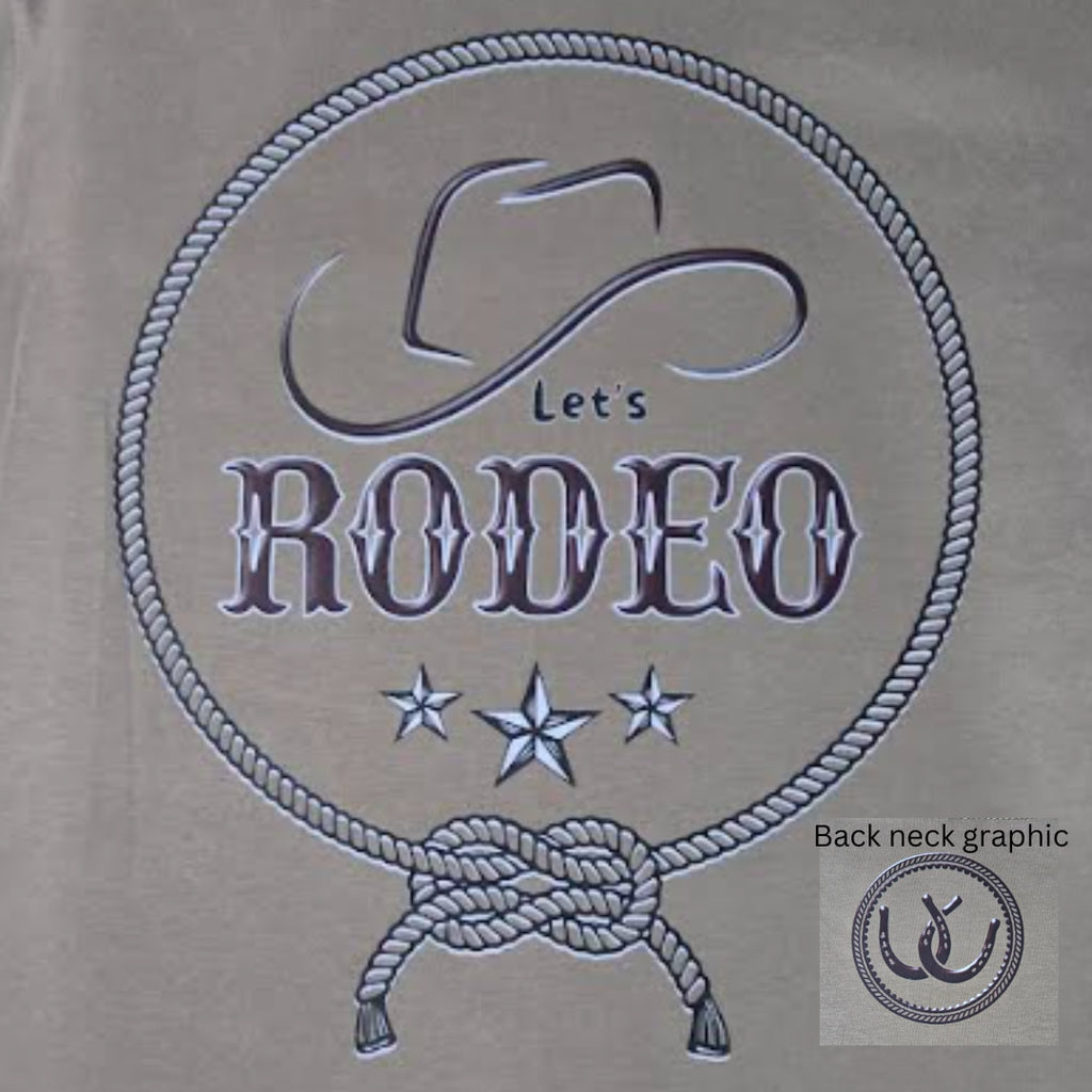 A close-up of a beige fabric back neck graphic featuring a western theme with the words 'Let's RODEO' inside a rope circle, with three stars and a knot design. A smaller inset in the bottom right shows the finished circular graphic with an anchor motif and the text 'Back neck graphic'.