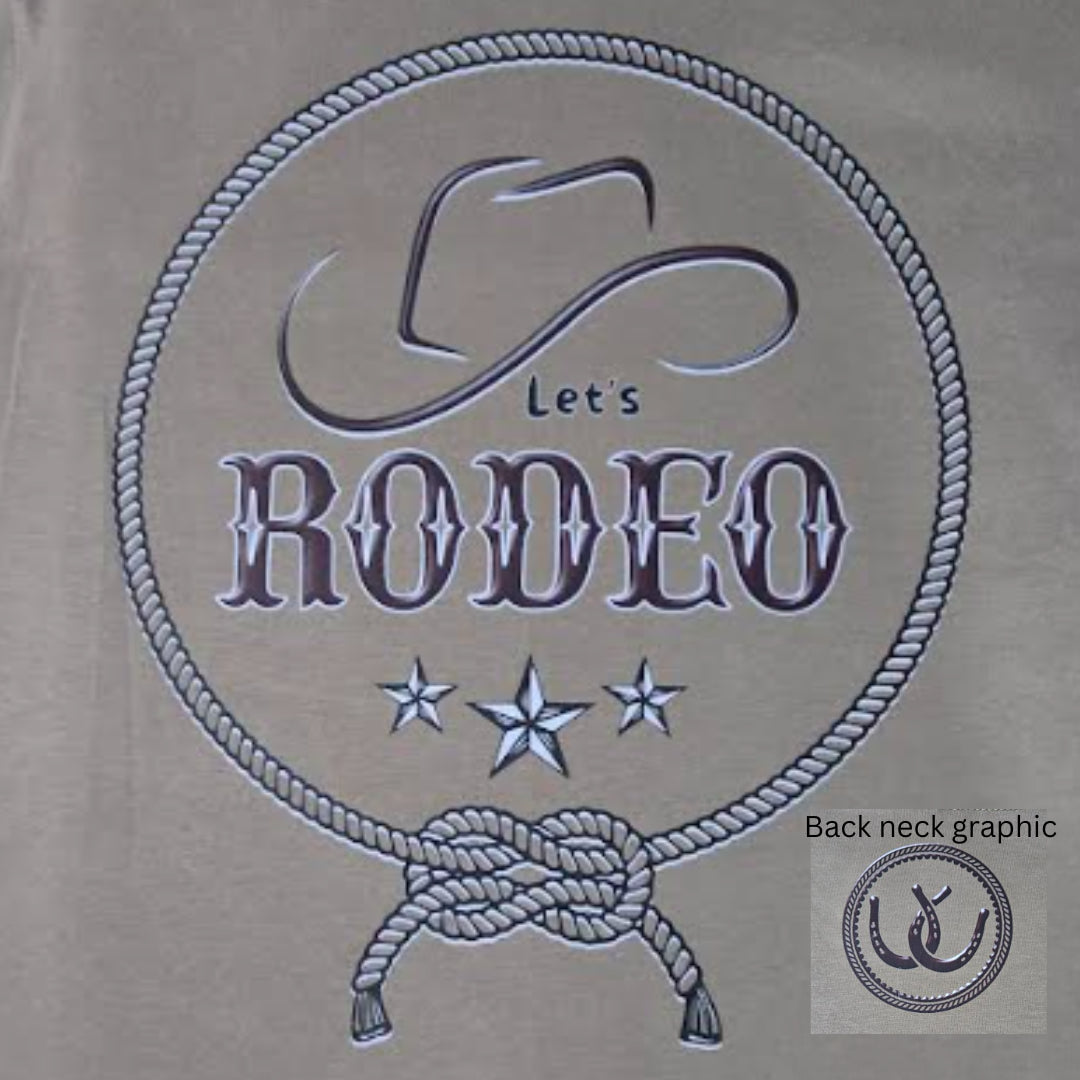 A close-up of a beige fabric back neck graphic featuring a western theme with the words 'Let's RODEO' inside a rope circle, with three stars and a knot design. A smaller inset in the bottom right shows the finished circular graphic with an anchor motif and the text 'Back neck graphic'.