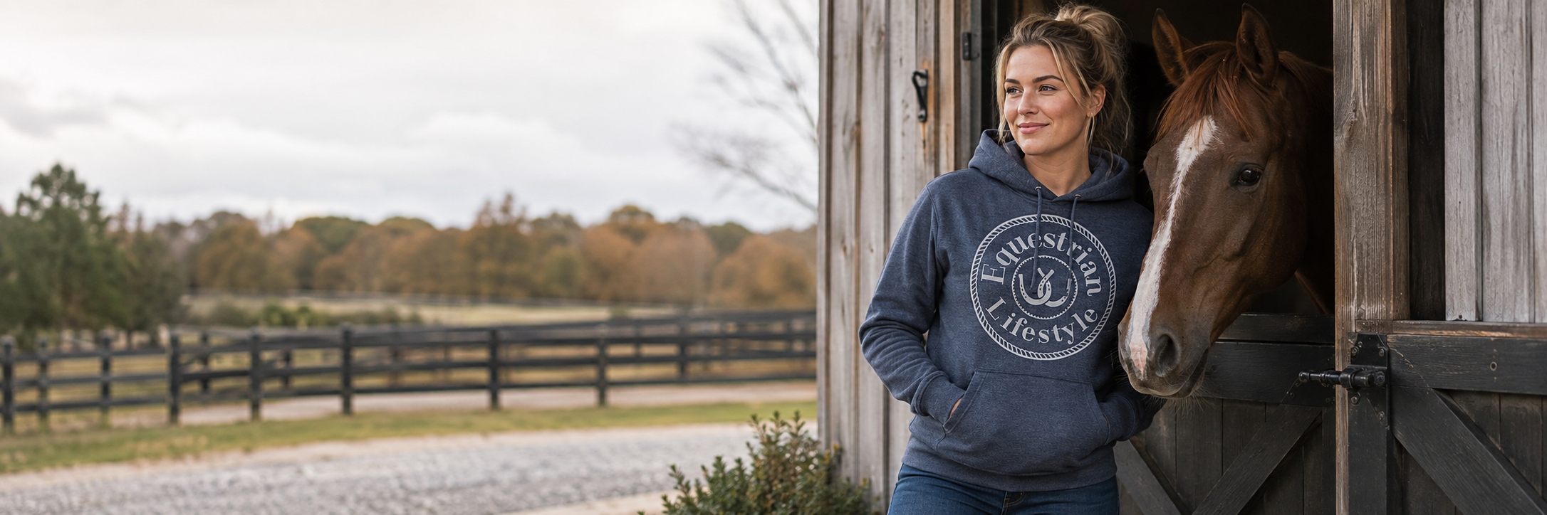 A woman wearing a navy blue hoodie with a white circular equestrian logo stands next to a brown horse in a wooden barn, with a rural field visible in the background.