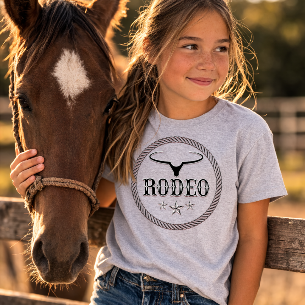 A young girl with long light brown hair stands outdoors next to a brown horse, wearing a light heather gray graphic t-shirt with a black western 'RODEO' bull skull design. The background shows a warm, golden outdoor setting with a wooden fence.