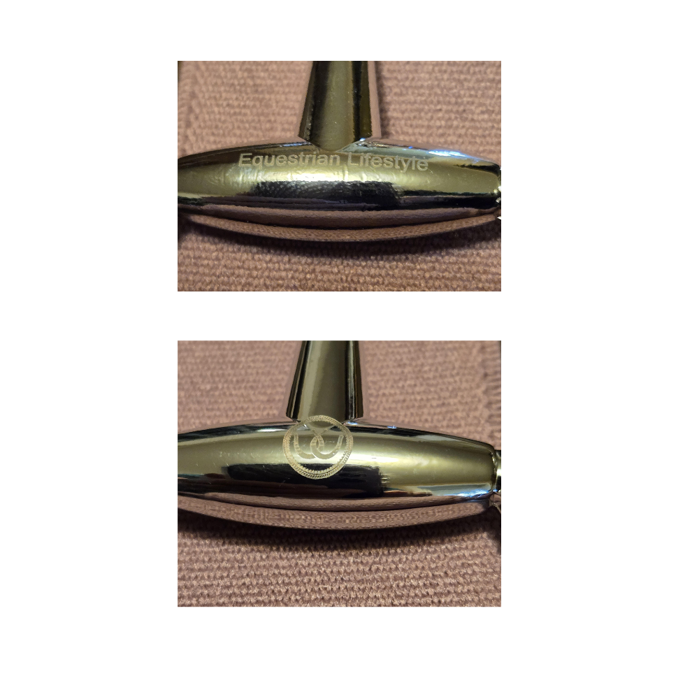 Two close-up views of a polished metallic equestrian-themed product on a textured beige fabric background. The top view shows engraved text reading 'Equestrian Lifestyle' on the reflective surface, and the bottom view shows a circular interlocking horseshoe logo emblem.