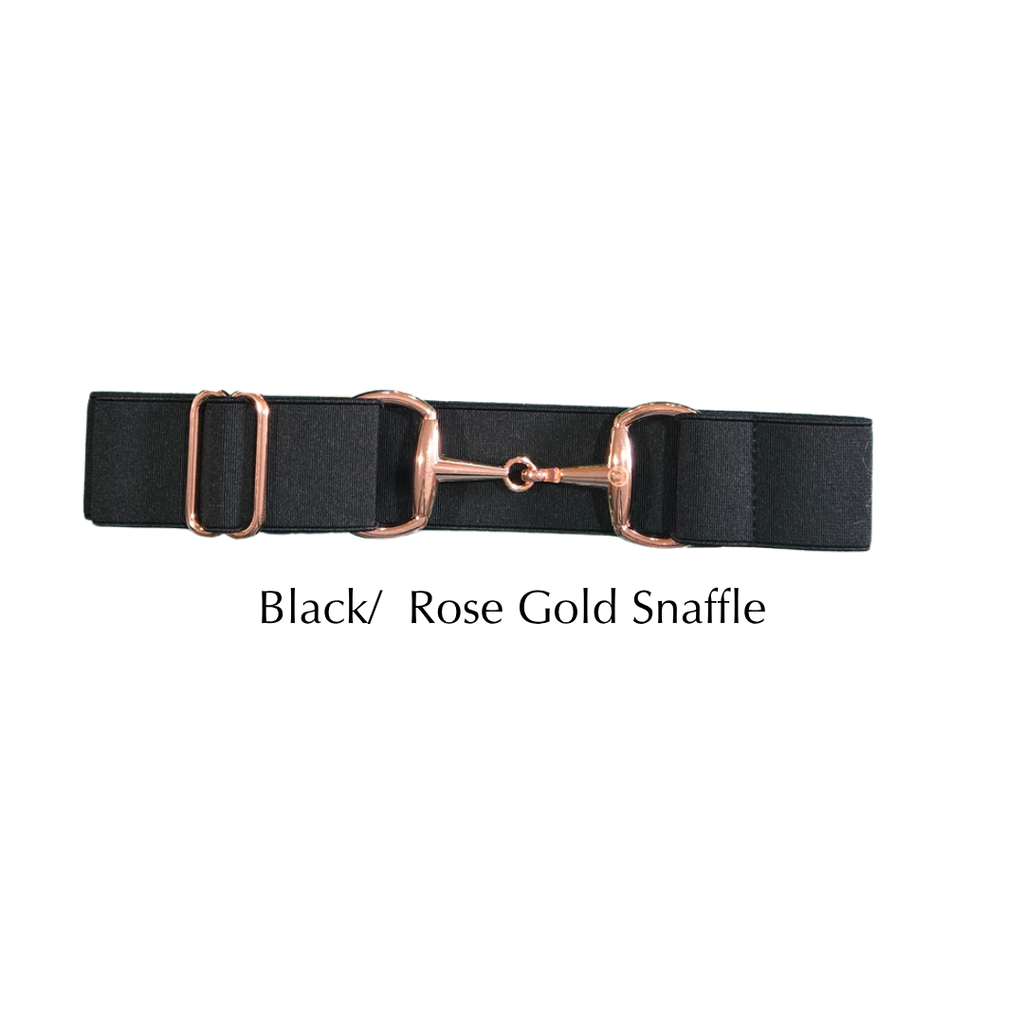 A black elastic horsebit-style snaffle belt with rose gold metal hardware, shown on a plain white background with the text 'Black/ Rose Gold Snaffle' underneath.
