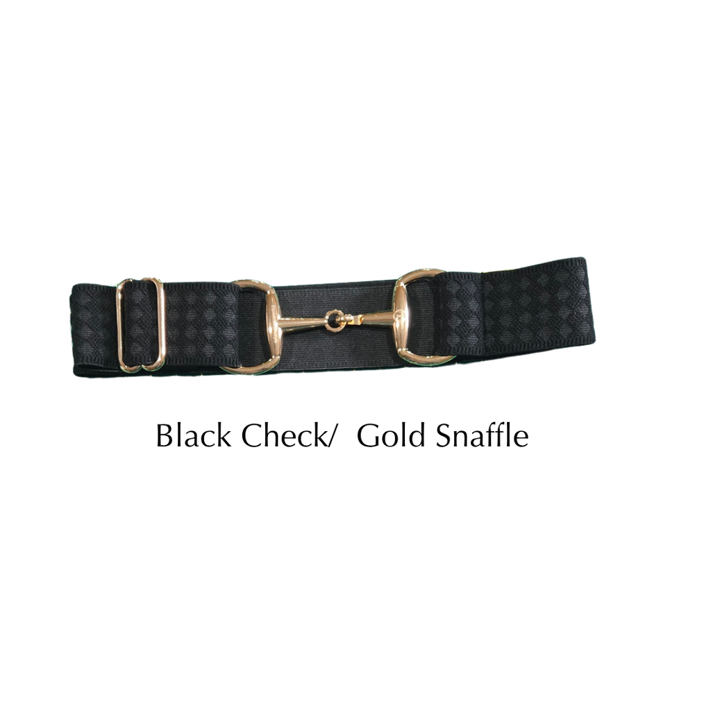 A black checkered equestrian-style belt with a gold-tone snaffle hardware closure, displayed on a clean white background with the text 'Black Check/ Gold Snaffle' underneath.