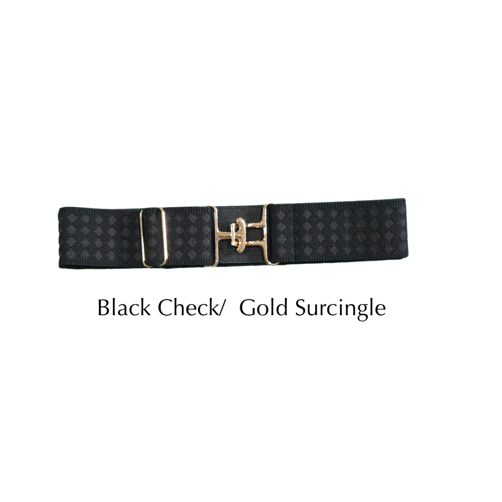 A black checkered surcingle belt with a gold-tone buckle, displayed horizontally on a white background with the text 'Black Check/ Gold Surcingle' underneath.