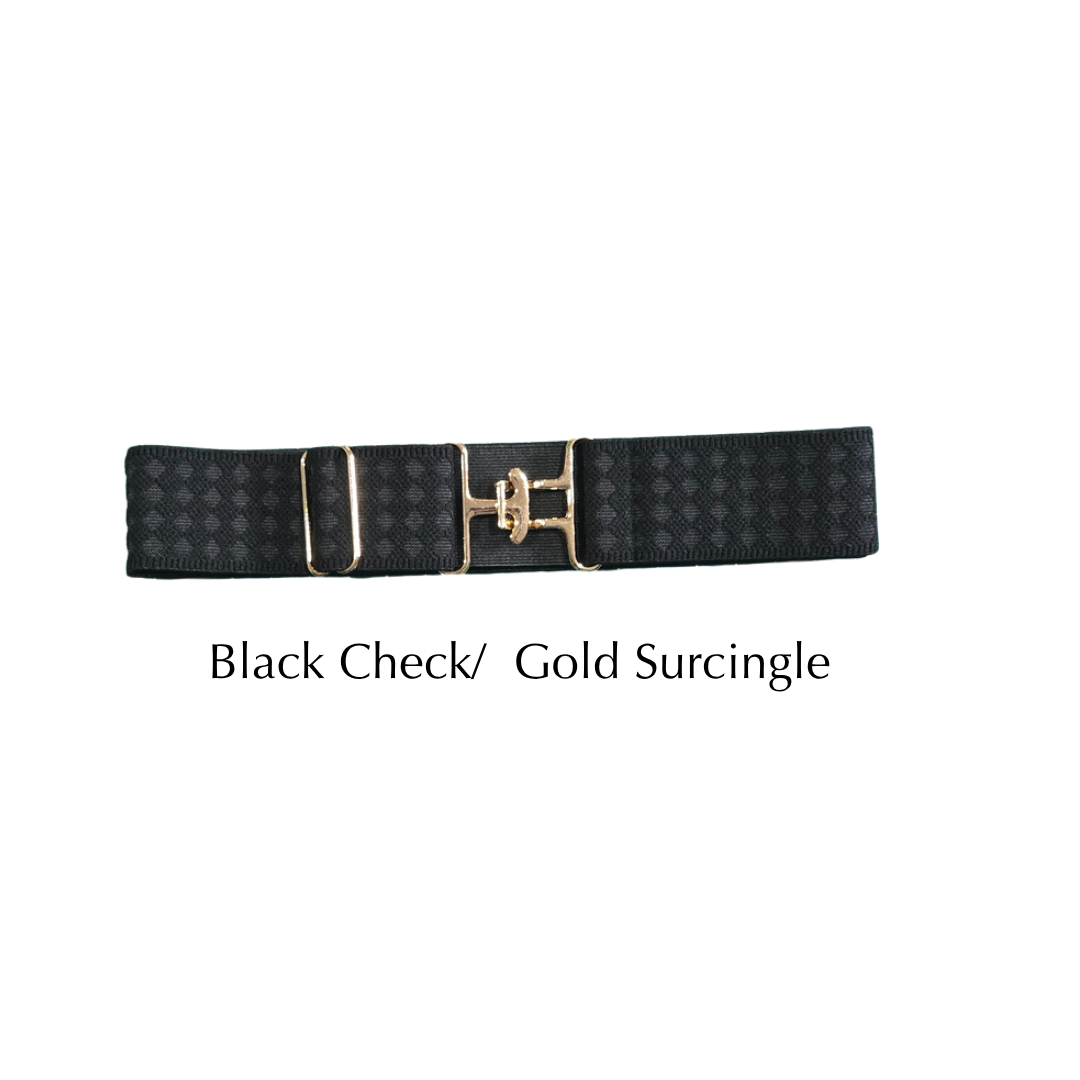 A black checkered surcingle belt with a gold-tone buckle, displayed horizontally on a white background with the text 'Black Check/ Gold Surcingle' underneath.