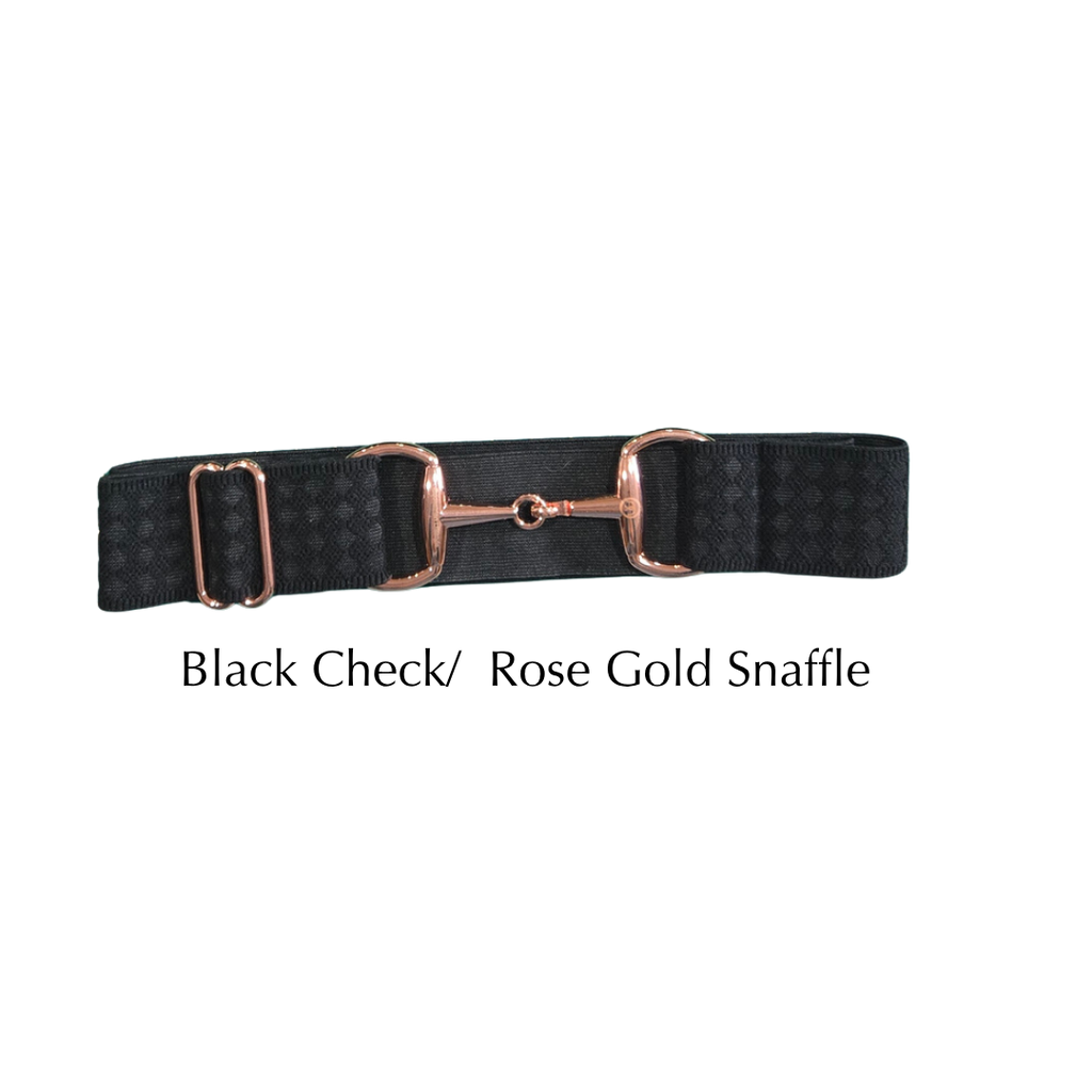 A black checkered equestrian snaffle belt with a rose gold metal snaffle and matching rose gold buckle, shown against a plain white background with the text 'Black Check/ Rose Gold Snaffle' below.