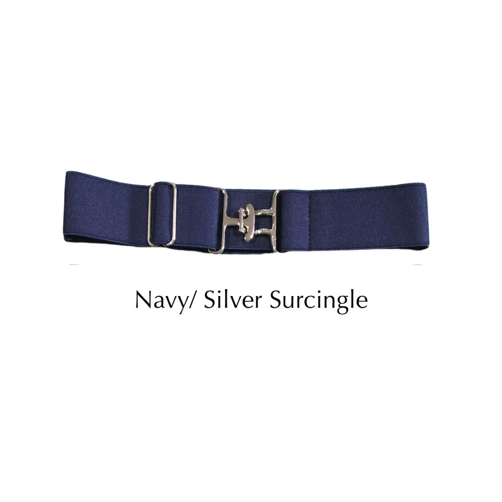 A navy blue surcingle belt with a silver-toned metal buckle, shown against a plain white background with the text 'Navy/ Silver Surcingle' underneath.