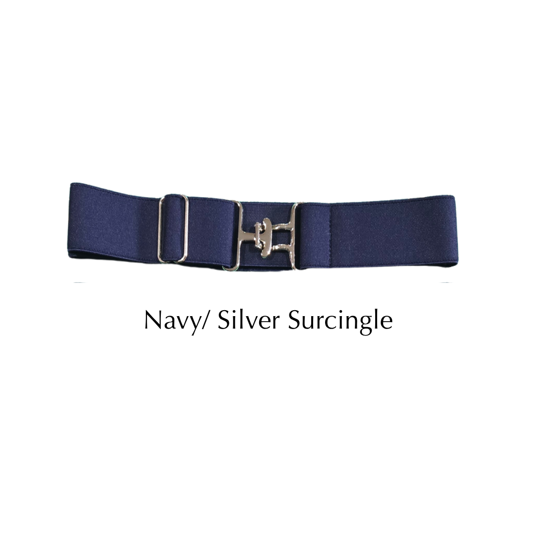 A navy blue surcingle belt with a silver-toned metal buckle, shown against a plain white background with the text 'Navy/ Silver Surcingle' underneath.