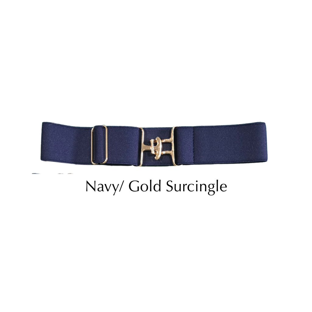 A navy blue surcingle belt with a gold-tone buckle, displayed horizontally on a white background with the text 'Navy/ Gold Surcingle' underneath.