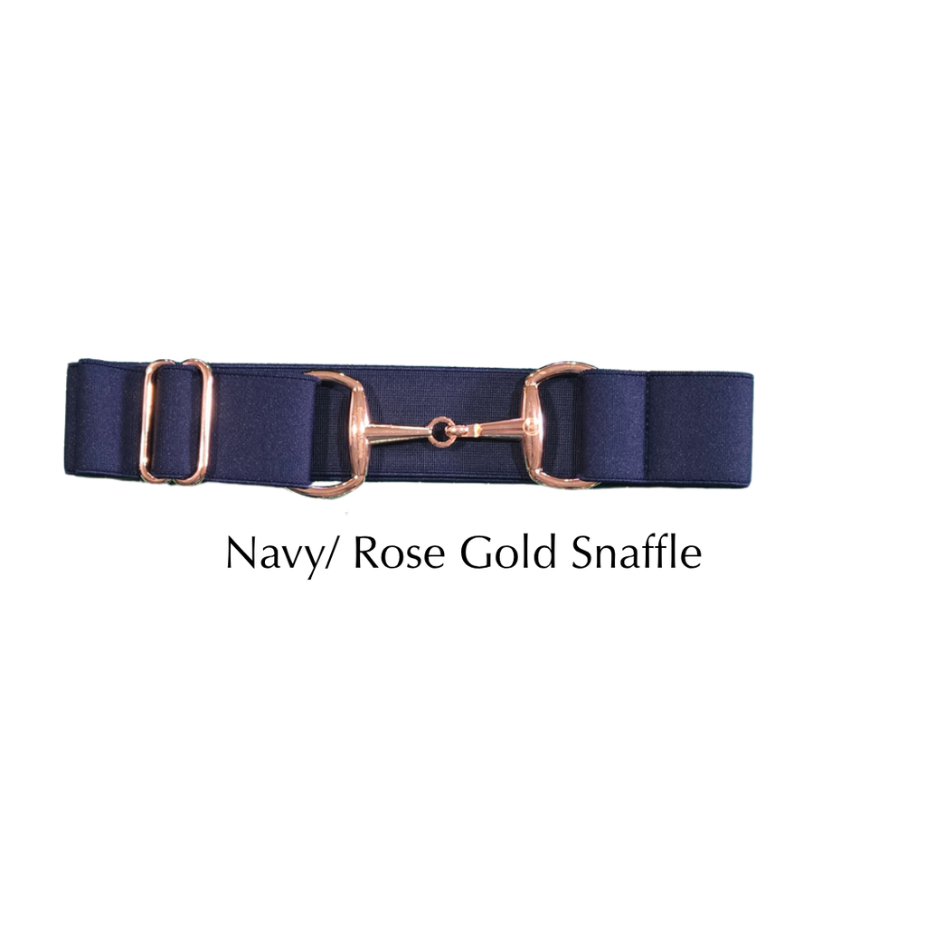 A navy blue horse snaffle bit with a rose gold metal bit bar, shown against a plain white background with the text 'Navy/ Rose Gold Snaffle' underneath.