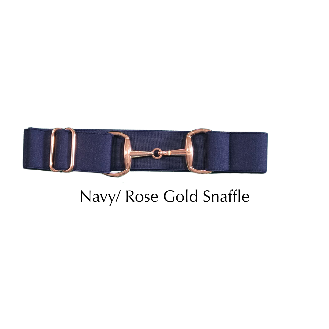 A navy blue horse snaffle bit with a rose gold metal bit bar, shown against a plain white background with the text 'Navy/ Rose Gold Snaffle' underneath.