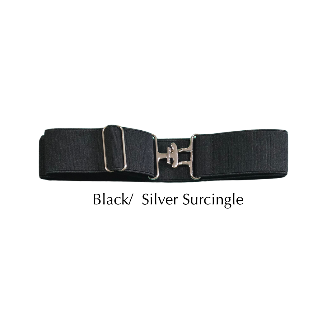 A black wide elastic belt with a silver-toned metal buckle, shown on a plain white background with the text 'Black/ Silver Surcingle' underneath.
