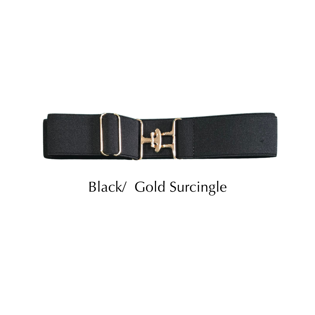 A black surcingle belt with a gold-tone buckle and decorative clasp, shown flat against a white background with the text 'Black/ Gold Surcingle' below.