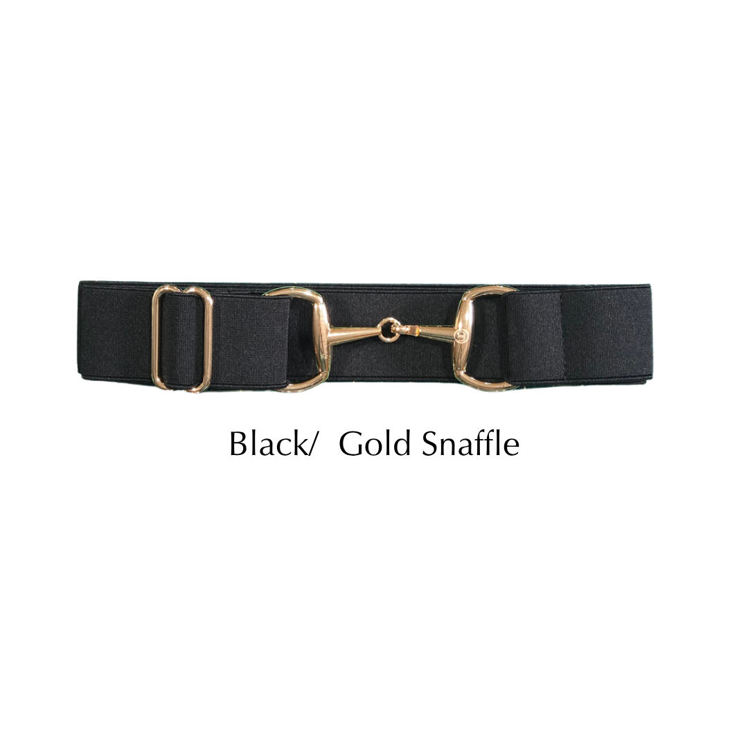 A black horse belt with a gold-tone snaffle hardware buckle, displayed on a clean white background with the text 'Black/ Gold Snaffle' underneath.