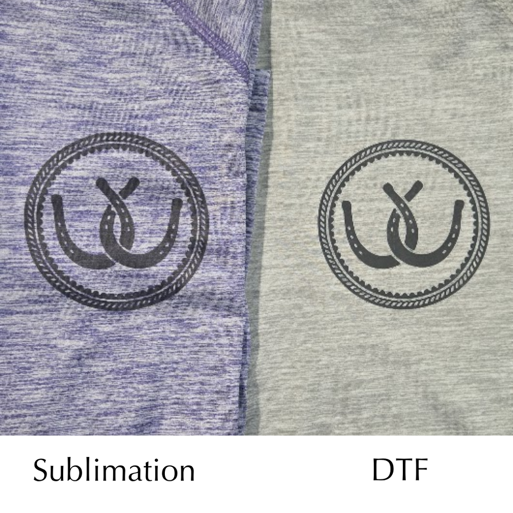 A close-up comparison of two fabric printing methods on heathered t-shirts. The left side shows a purple heathered shirt with a black circular horseshoe logo under 'Sublimation' text. The right showing dtf print