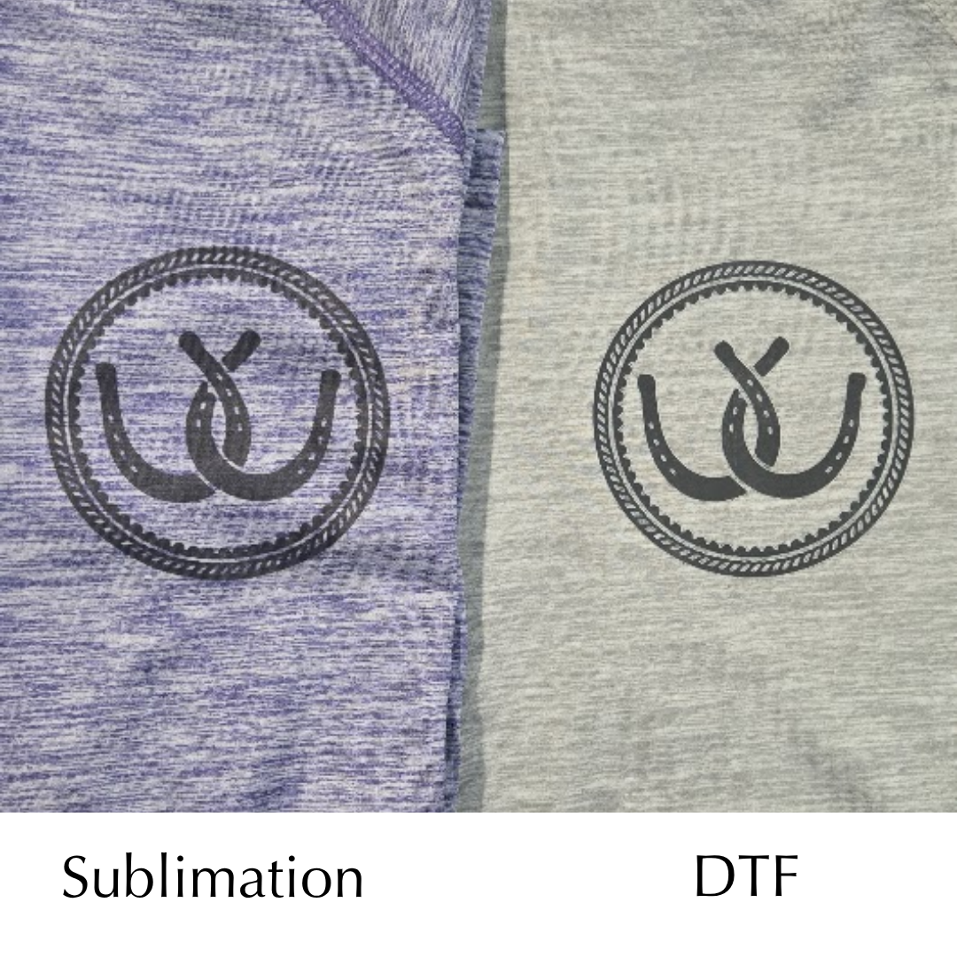 A close-up comparison of two fabric printing methods on heathered t-shirts. The left side shows a purple heathered shirt with a black circular horseshoe logo under 'Sublimation' text. The right showing dtf print