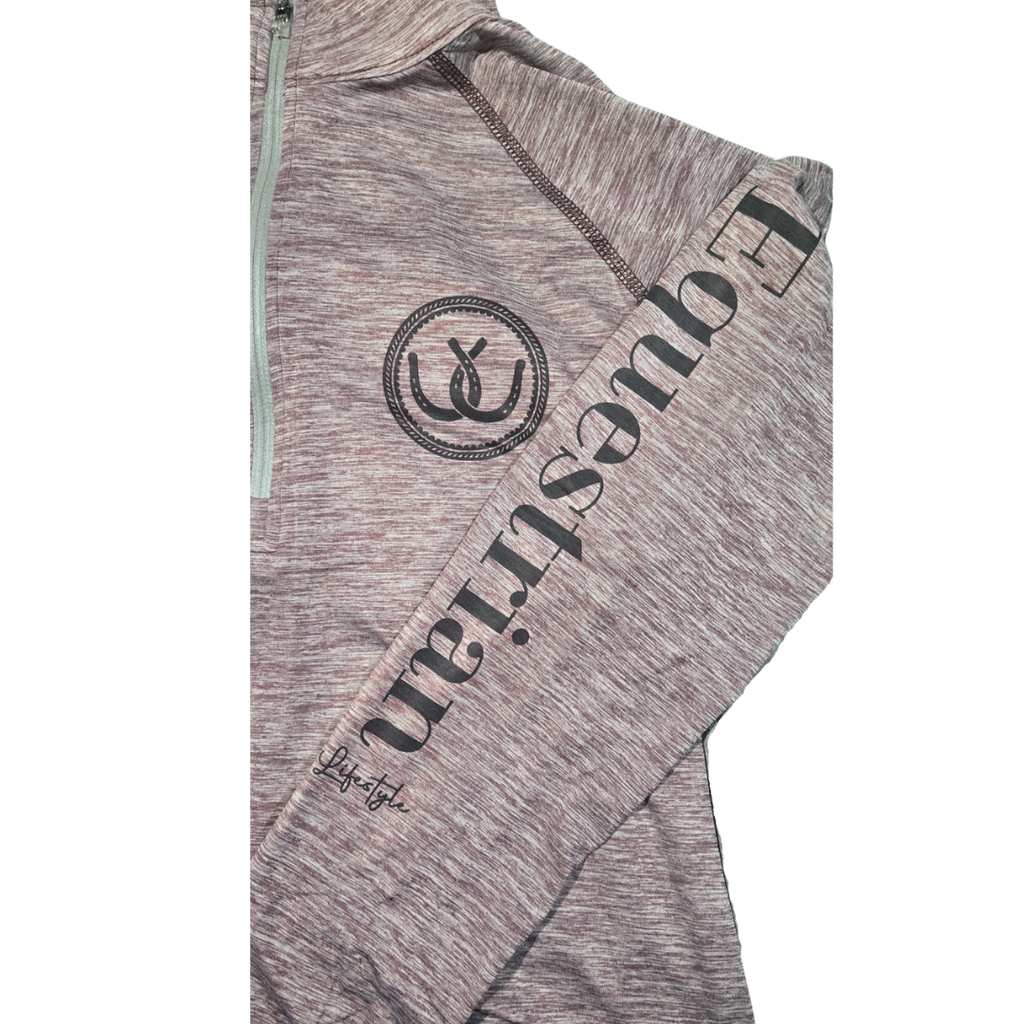 Close-up of a heathered gray and mauve zip-up hoodie with a black circular logo on the chest and 'Equestrian Lifestyle' text printed diagonally on the sleeve, shown against a plain white background.