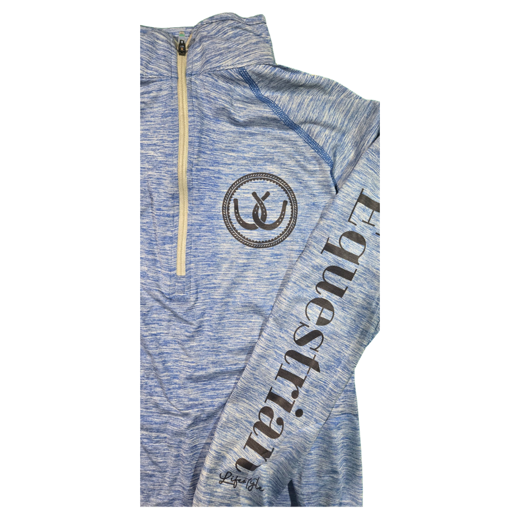 A close-up of a heathered blue and white quarter-zip athletic pullover with a circular horseshoe logo on the chest and 'Equestrian' printed vertically on the sleeve.