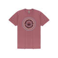A dusty rose short-sleeve t-shirt with a circular graphic on the chest reading 'EQUESTRIAN LIFESTYLE' in black, surrounded by a pink and blue patterned border, shown on a plain white background.