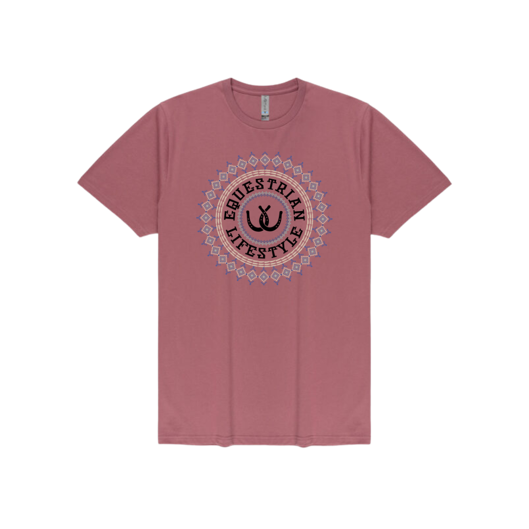 A dusty rose short-sleeve t-shirt with a circular graphic on the chest reading 'EQUESTRIAN LIFESTYLE' in black, surrounded by a pink and blue patterned border, shown on a plain white background.