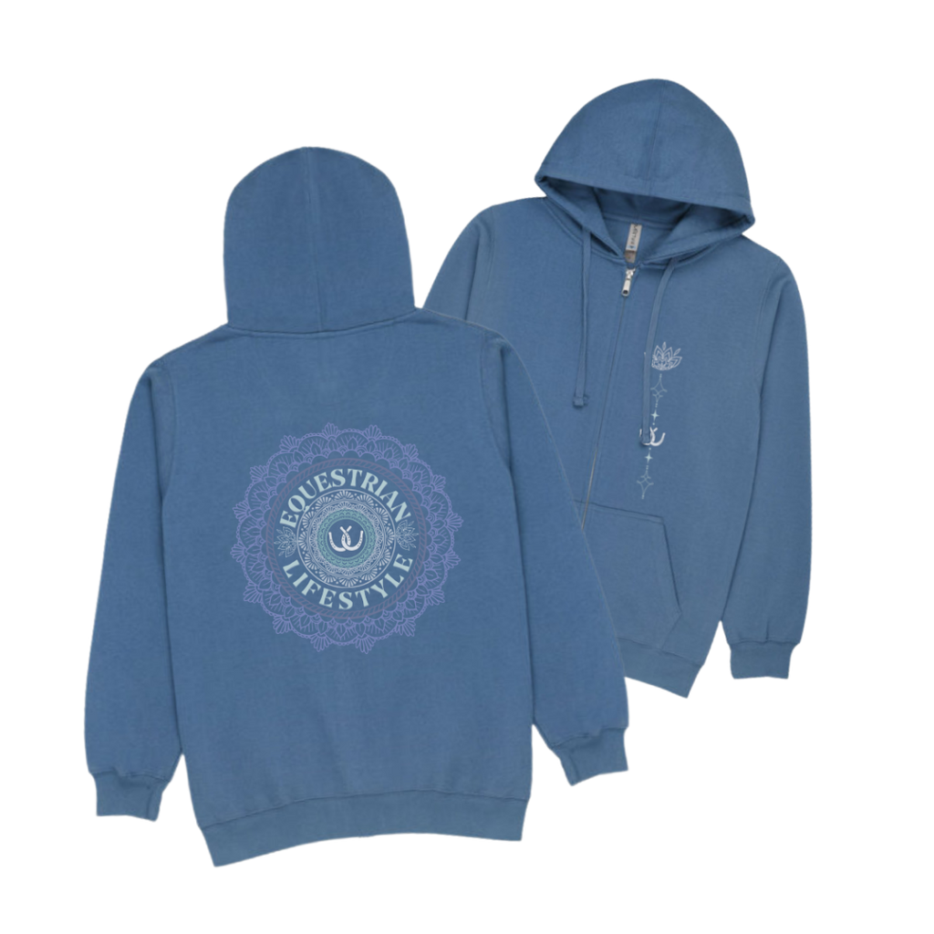 A dusty blue hoodie shown from both the front and back views. The back features a large circular mandala-style graphic with the text 'EQUESTRIAN LIFESTYLE' and a horseshoe in the center.