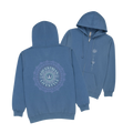 A dusty blue hoodie shown from both the front and back views. The back features a large circular mandala-style graphic with the text 'EQUESTRIAN LIFESTYLE' and a horseshoe in the center.