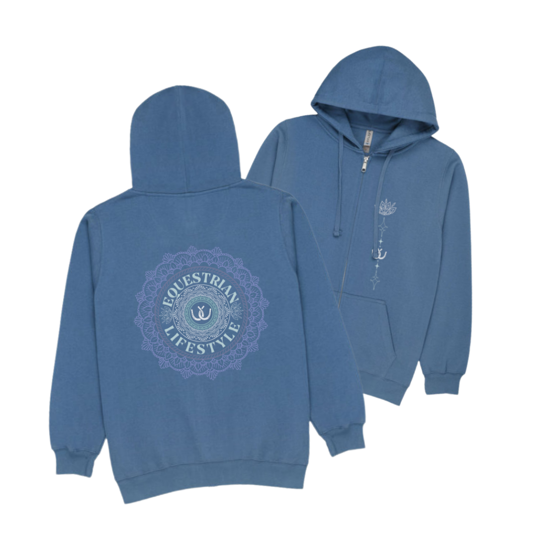 A dusty blue hoodie shown from both the front and back views. The back features a large circular mandala-style graphic with the text 'EQUESTRIAN LIFESTYLE' and a horseshoe in the center.