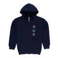 A navy blue zip-up hoodie with a drawstring hood and kangaroo pocket, featuring a vertical graphic print on the left chest with three stacked diamond and aztec and horseshoe motifs in light blue, purple, and white.
