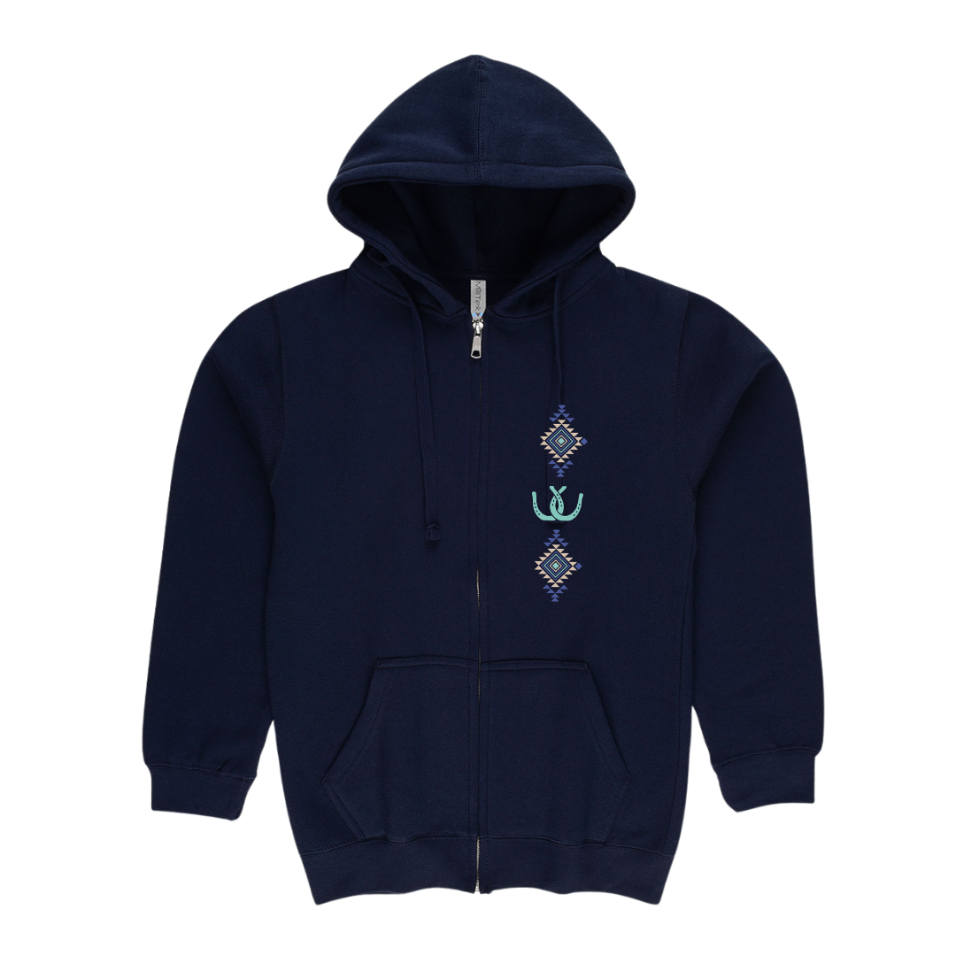 A navy blue zip-up hoodie with a drawstring hood and kangaroo pocket, featuring a vertical graphic print on the left chest with three stacked diamond and aztec and horseshoe motifs in light blue, purple, and white.