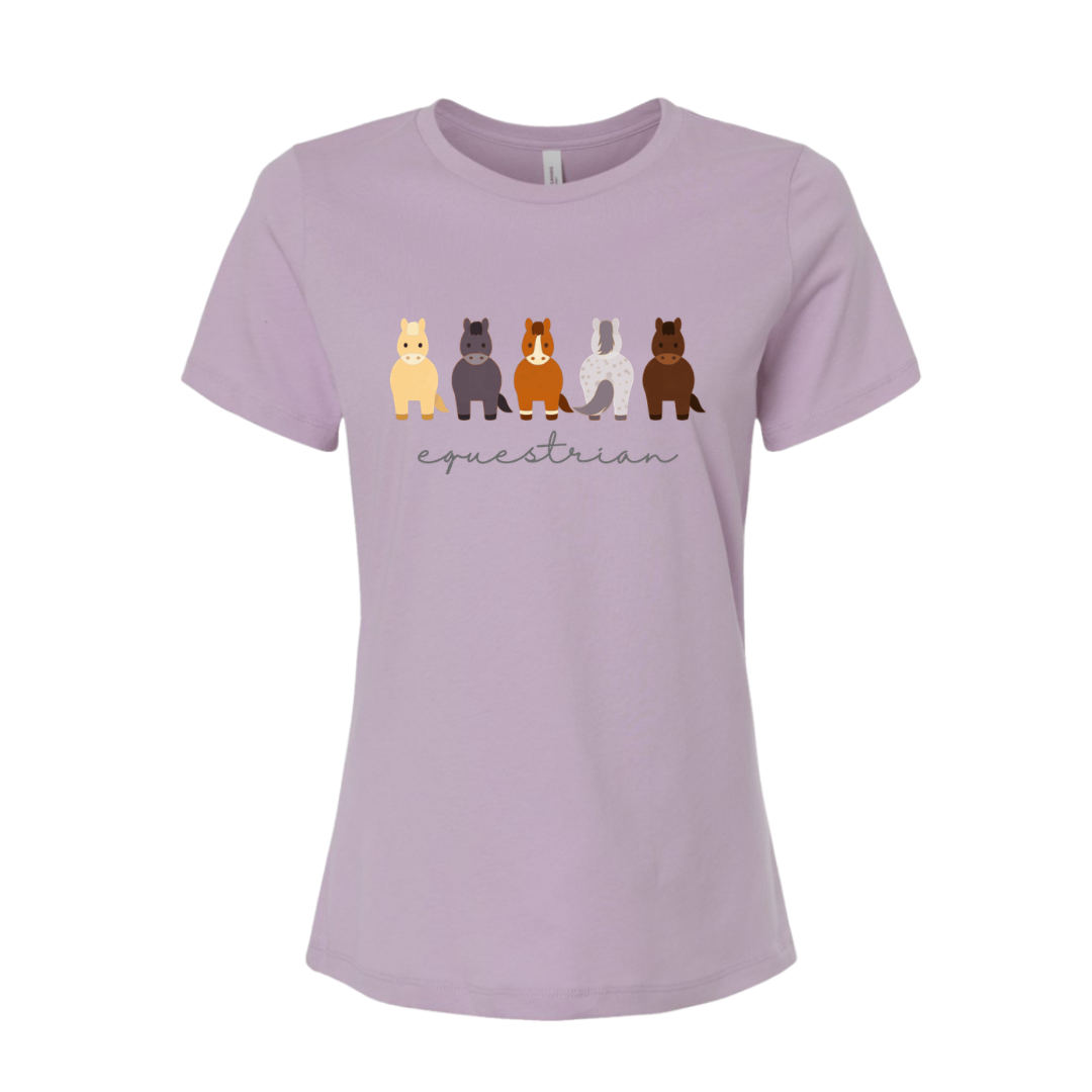 A women's short-sleeve t-shirt in light lavender purple, featuring a graphic of five different horse breeds and the word 'equestrian' printed on the chest.