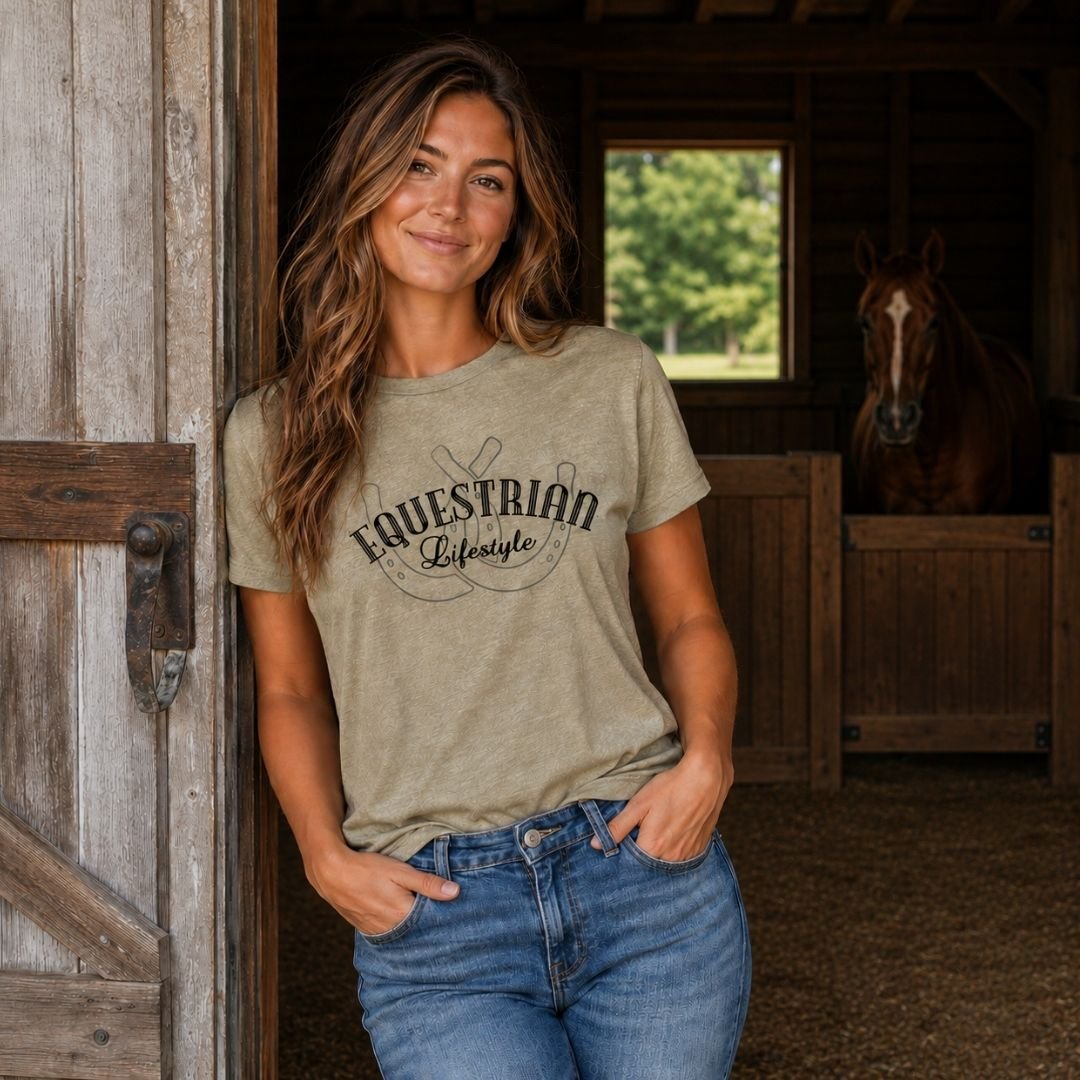 A woman stands in a rustic barn doorway wearing a heathered olive-beige graphic t-shirt that reads 'Equestrian Lifestyle' in dark lettering, paired with blue jeans. A brown horse is visible in the stable behind her.