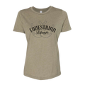 A women's short-sleeve crewneck t-shirt in heathered taupe, featuring a black graphic on the chest that reads 'EQUESTRIAN Lifestyle' with horseshoes.