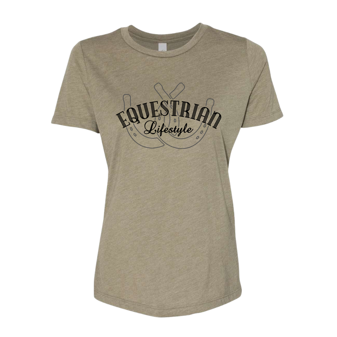 A women's short-sleeve crewneck t-shirt in heathered taupe, featuring a black graphic on the chest that reads 'EQUESTRIAN Lifestyle' with horseshoes.