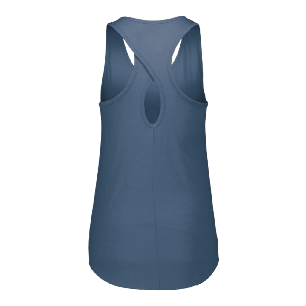 A slate blue racerback tank top shown from the back, featuring a crossover back design with a central keyhole cutout, set against a plain white background.