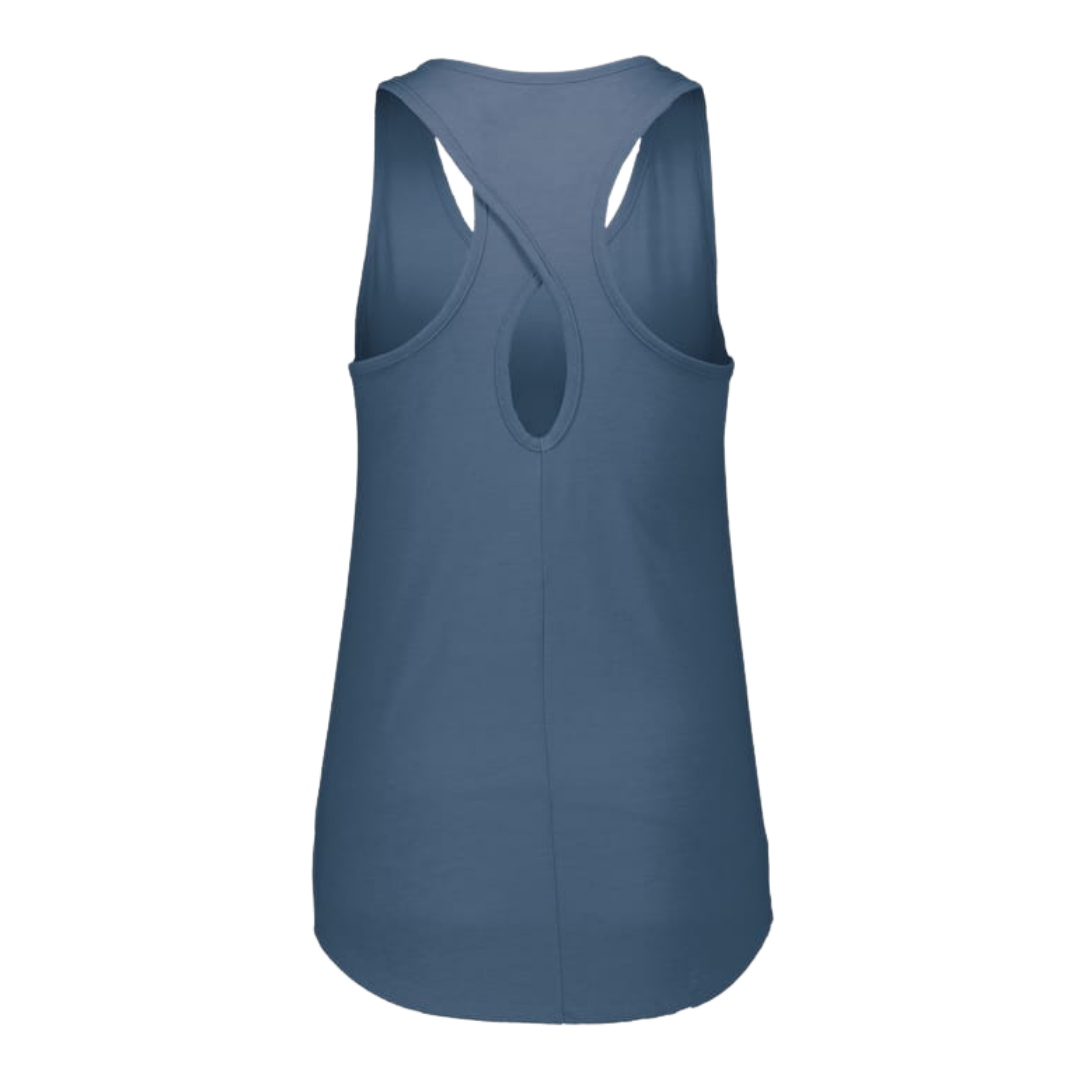 A slate blue racerback tank top shown from the back, featuring a crossover back design with a central keyhole cutout, set against a plain white background.
