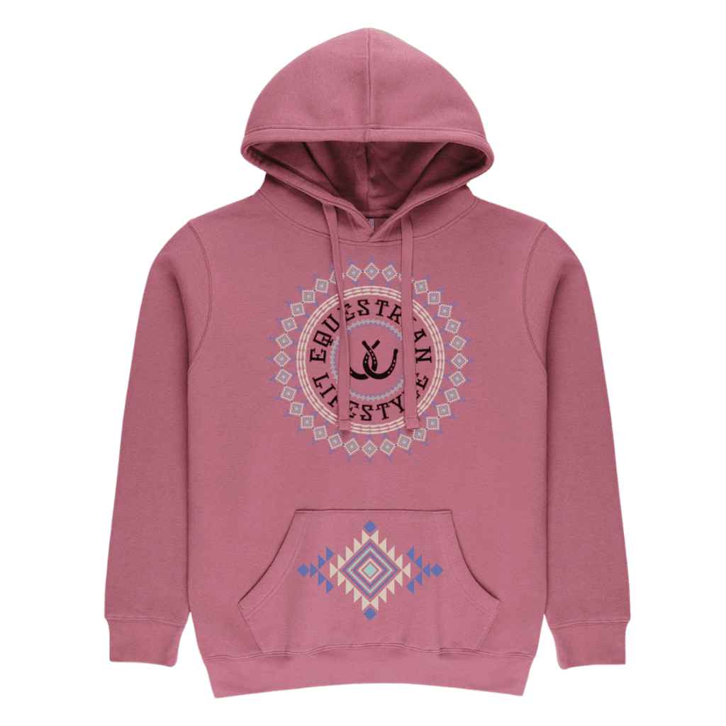 A dusty rose pink pullover hoodie with a drawstring hood and kangaroo pocket, featuring a circular 'Equestrian Lifestyle' graphic on the chest and a matching geometric diamond pattern on the pocket.