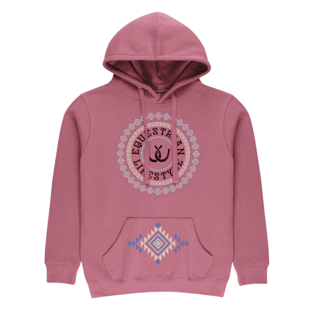 A dusty rose pink pullover hoodie with a drawstring hood and kangaroo pocket, featuring a circular 'Equestrian Lifestyle' graphic on the chest and a matching geometric diamond pattern on the pocket.