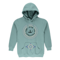 A light teal pullover hoodie with a drawstring hood and kangaroo pocket, featuring a circular graphic on the chest with a horseshoe and the words 'EQUestrian LIFESTYLE' surrounded by a geometric pattern, and a matching geometric print on the pocket.