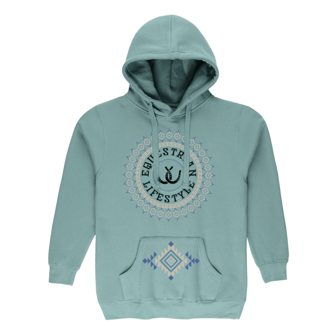 A light teal pullover hoodie with a drawstring hood and kangaroo pocket, featuring a circular graphic on the chest with a horseshoe and the words 'EQUestrian LIFESTYLE' surrounded by a geometric pattern, and a matching geometric print on the pocket.