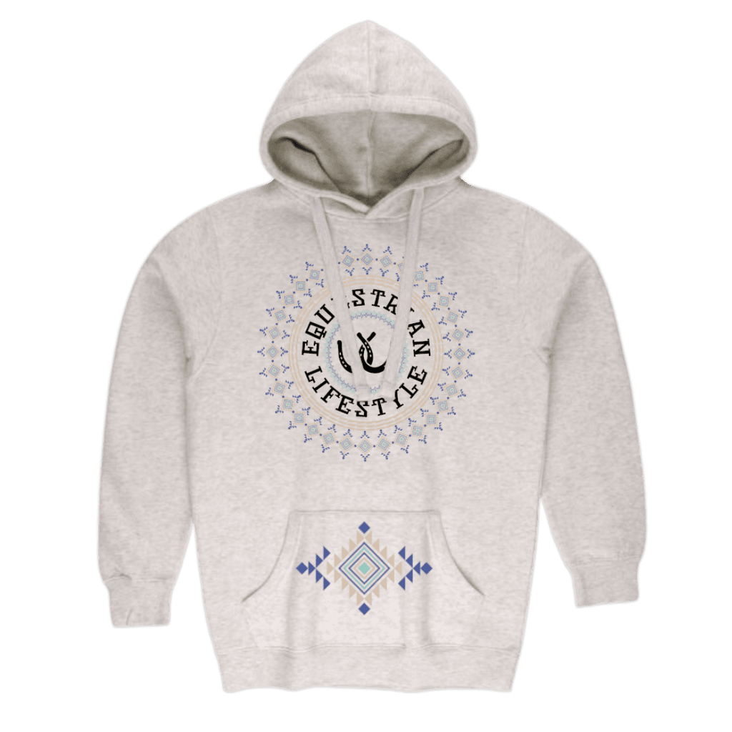 A light heather gray pullover hoodie with a blue and black graphic on the chest reading 'equestrian LIFESTYLE' around a horseshoe and a matching blue geometric pattern on the front pocket.