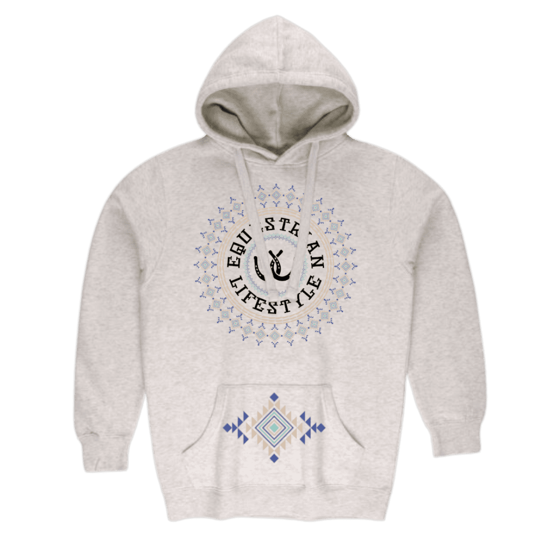 A light heather gray pullover hoodie with a blue and black graphic on the chest reading 'equestrian LIFESTYLE' around a horseshoe and a matching blue geometric pattern on the front pocket.