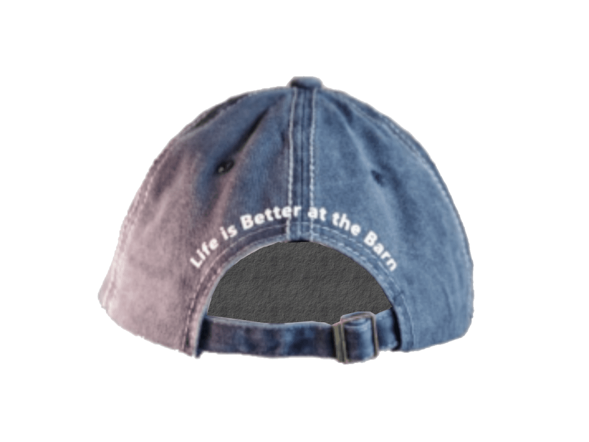 A washed blue denim baseball cap shown from the back, featuring the white embroidered text 'Life is Better at the Barn' on the crown and an adjustable snapback closure.