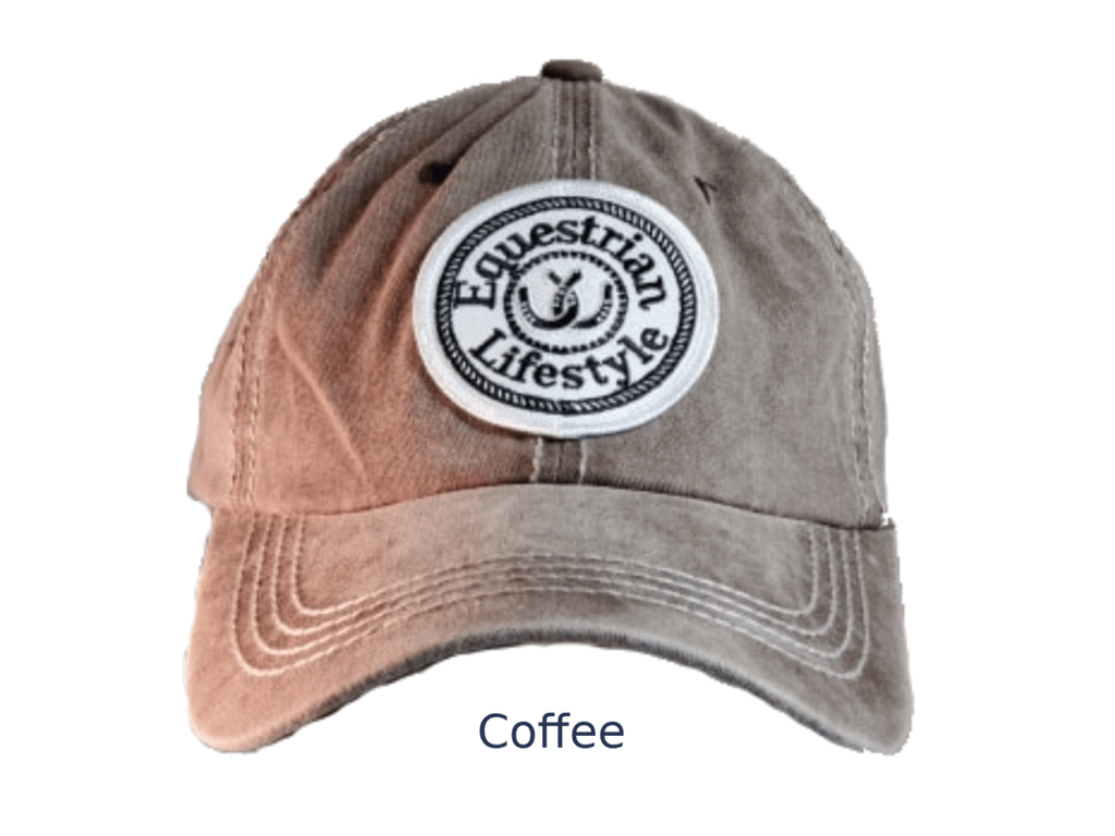 A washed baseball cap in a medium brownish-gray color, labeled 'Coffee' underneath. It features a circular embroidered patch on the front that reads 'Equestrian Lifestyle'.