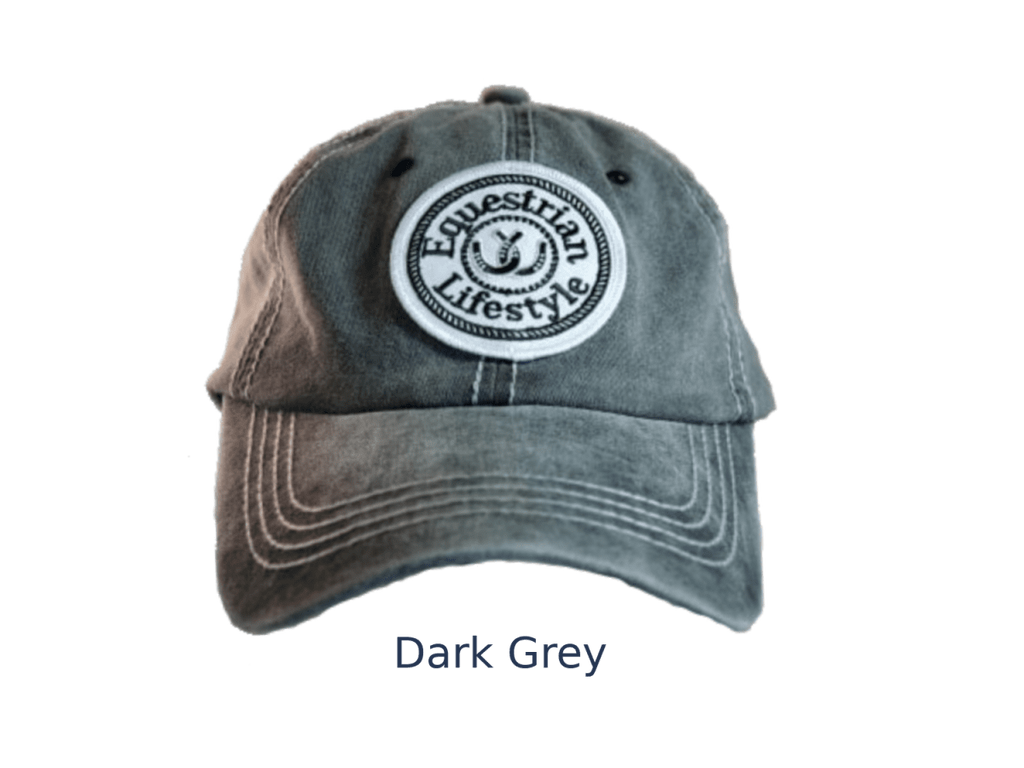 A dark grey washed cotton baseball cap with a circular embroidered patch on the front that reads 'Equestrian Lifestyle'. The text 'Dark Grey' is printed below the cap on a plain white background.