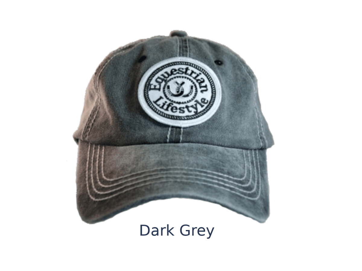 A dark grey washed cotton baseball cap with a circular embroidered patch on the front that reads 'Equestrian Lifestyle'. The text 'Dark Grey' is printed below the cap on a plain white background.