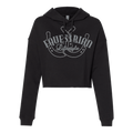 A black cropped hoodie with a gray graphic on the chest featuring  horseshoes with the text 'EQUESTRIAN Lifestyle'.