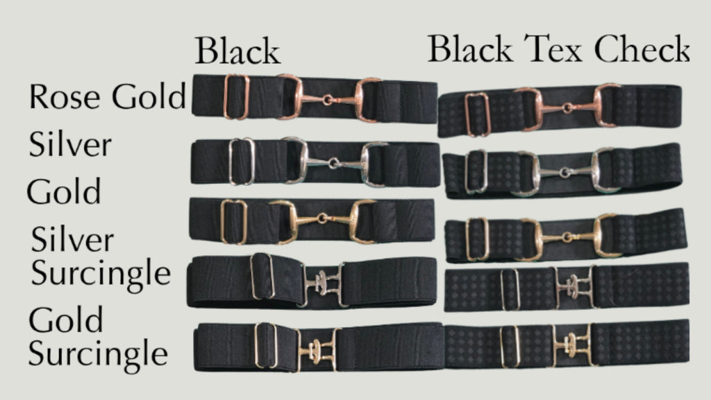 Six black textured equestrian beltswith different buckle finishes are arranged in two columns labeled 'Black' and 'Black Tex Check' on a light gray background. The left column includes rose gold, silver, gold, silver surcingle, and gold surcingle options, and the right column shows the corresponding black textured versions.