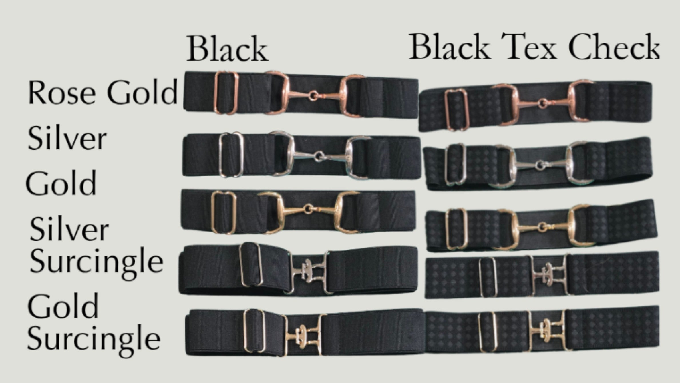Six black textured equestrian beltswith different buckle finishes are arranged in two columns labeled 'Black' and 'Black Tex Check' on a light gray background. The left column includes rose gold, silver, gold, silver surcingle, and gold surcingle options, and the right column shows the corresponding black textured versions.