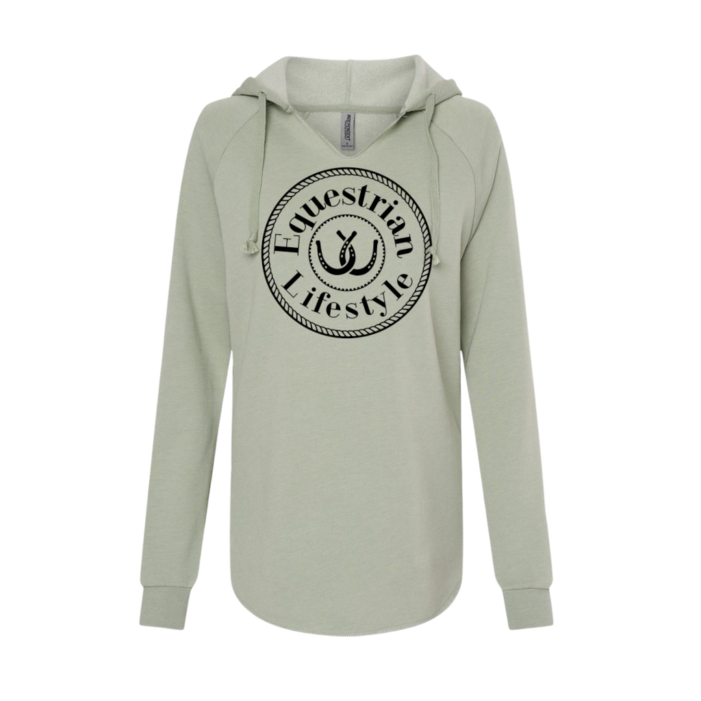 A sage green long-sleeve hoodie with a black circular graphic on the chest reading 'Equestrian Lifestyle' around a horsehoe icon, shown against a plain white background.